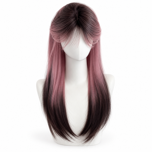 Burgundy Ombre Long Straight Wig with Bangs