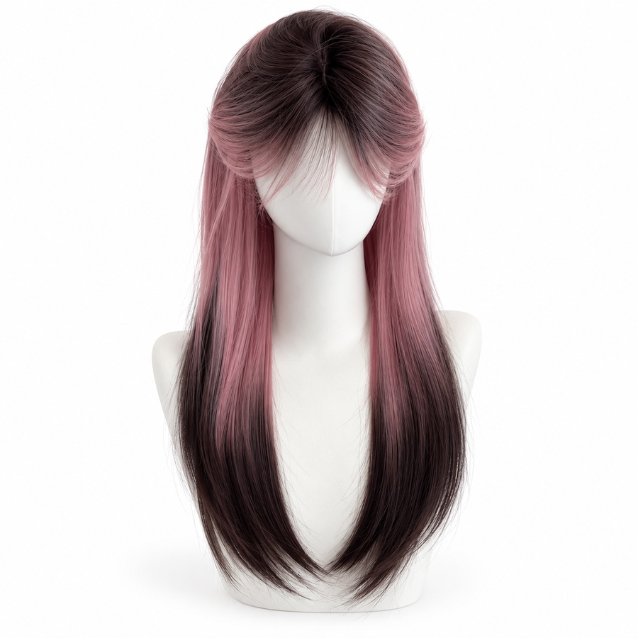 Burgundy Ombre Long Straight Wig with Bangs