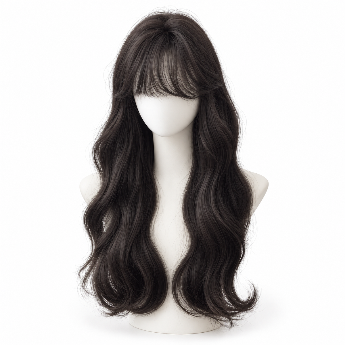 Natural Black Long Wavy Wig with Bangs