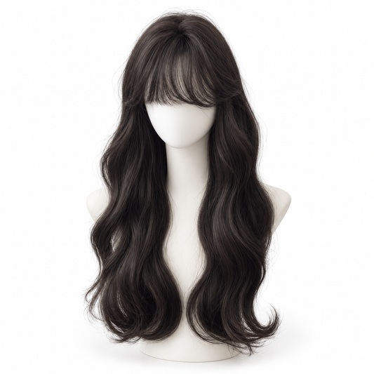 Natural Black Long Wavy Wig with Bangs