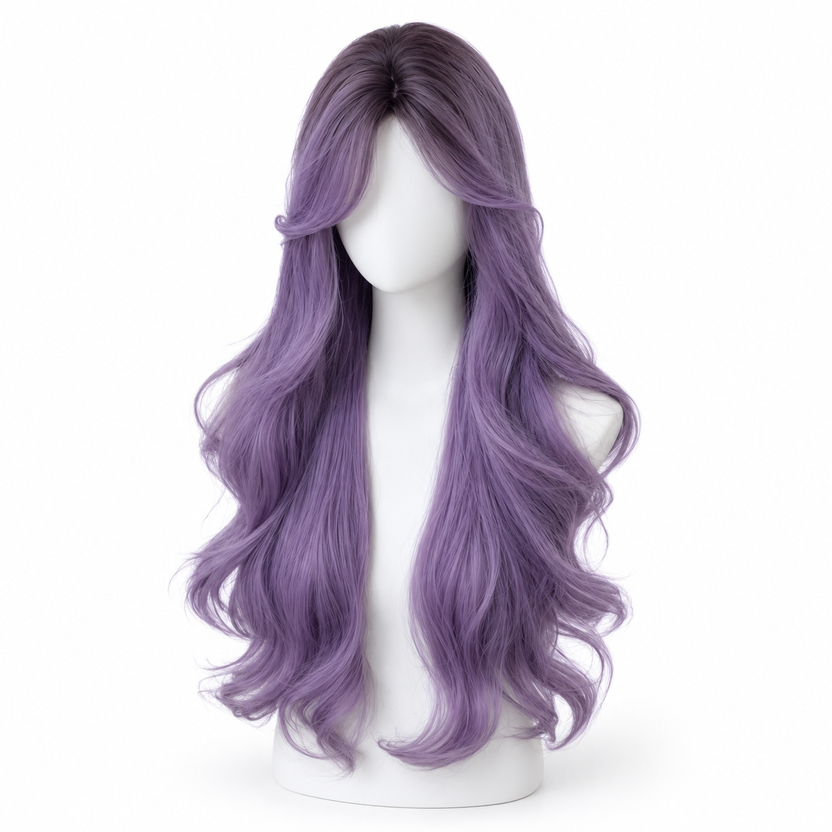Lavender Purple Long Wavy Wig — No Bangs