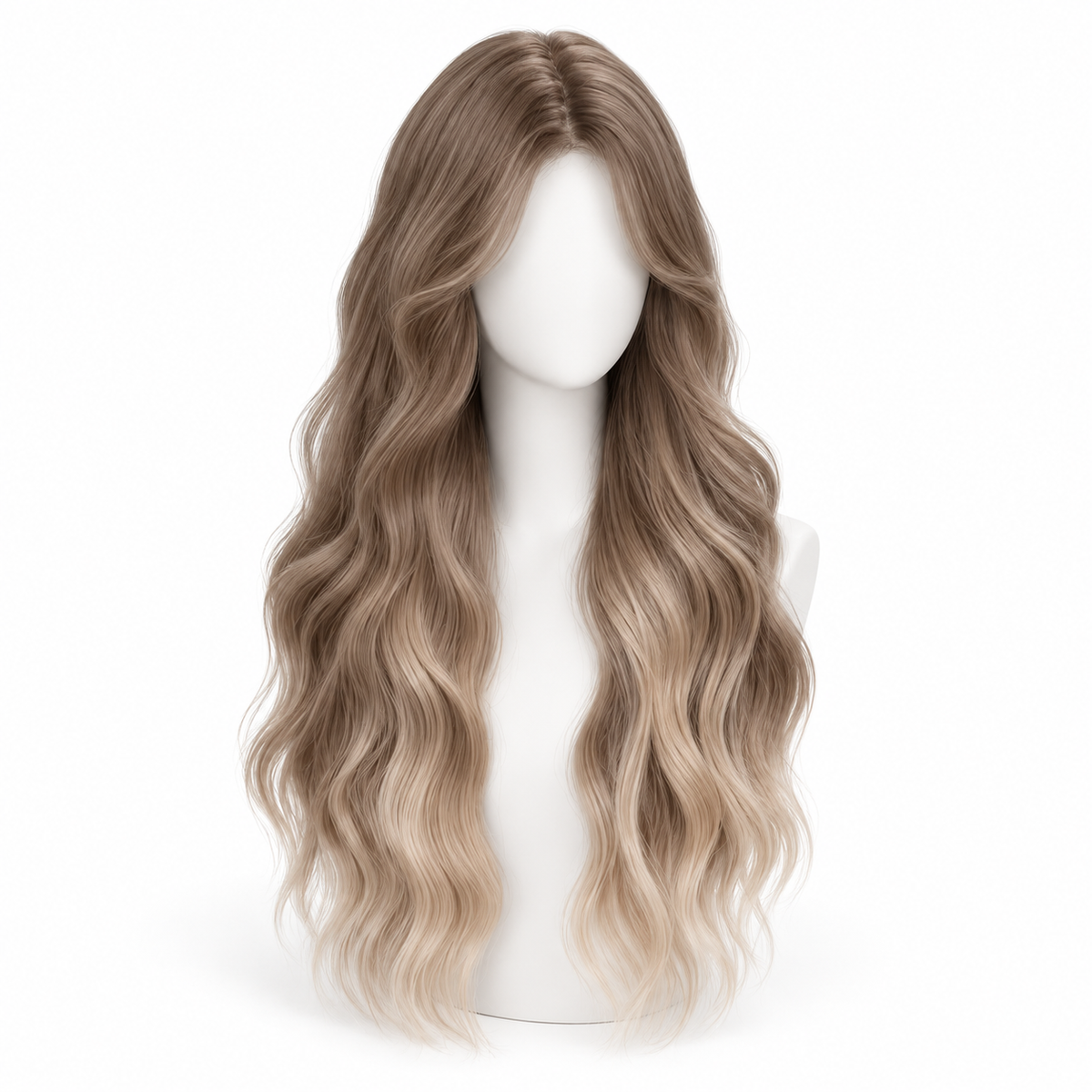 Ash Brown Ombre Long Wavy Wig — No Bangs