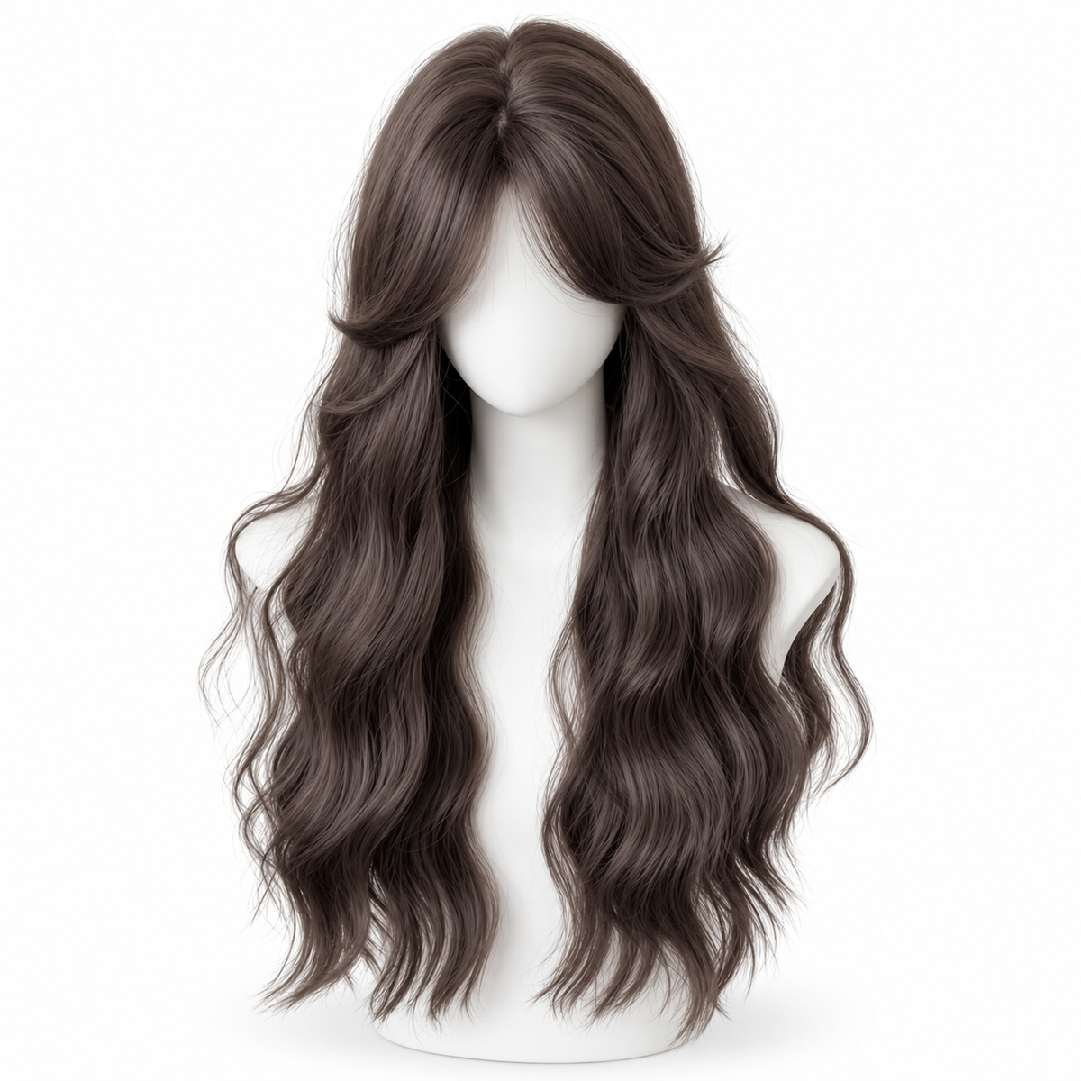 Espresso Brown Long Wavy Wig with Curtain Bangs