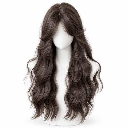 Espresso Brown Long Wavy Wig with Curtain Bangs